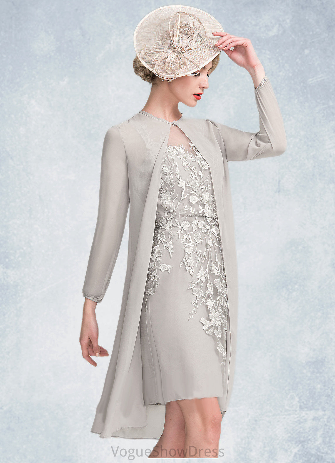 Kaylah Sheath/Column Scoop Neck Knee-Length Chiffon Lace Mother of the Bride Dress With Beading Sequins DL126P0014811