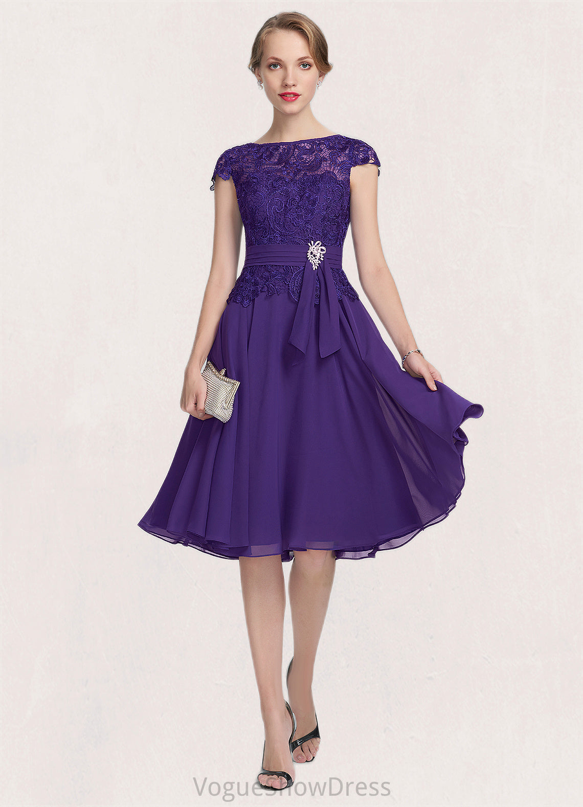 Addyson A-Line Scoop Neck Knee-Length Chiffon Lace Mother of the Bride Dress With Beading DL126P0014814