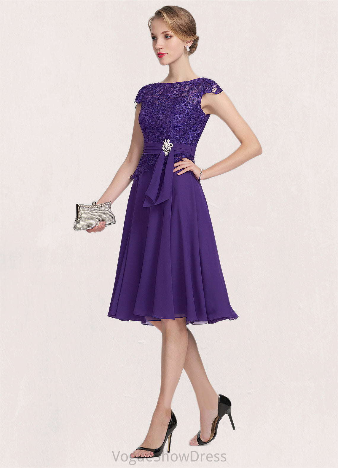 Addyson A-Line Scoop Neck Knee-Length Chiffon Lace Mother of the Bride Dress With Beading DL126P0014814