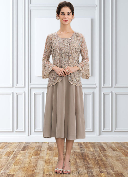 Sandy A-Line Scoop Neck Tea-Length Chiffon Lace Mother of the Bride Dress With Sequins DL126P0014816