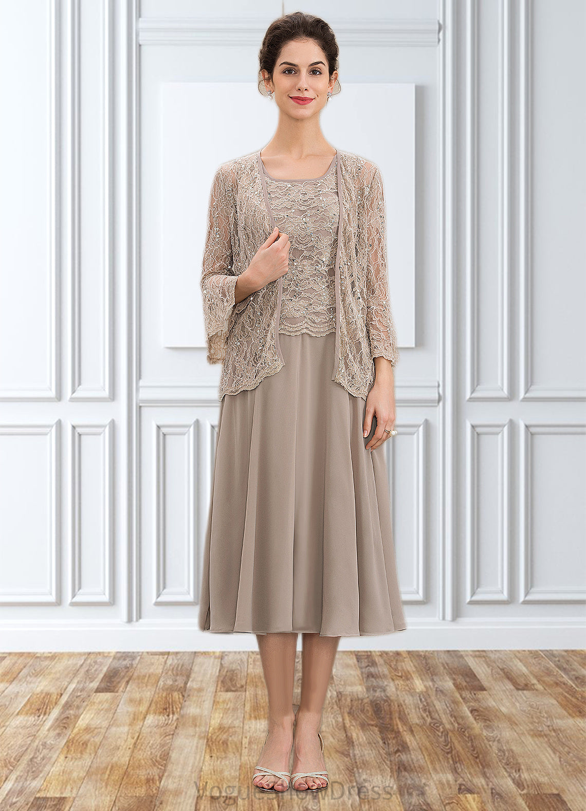 Sandy A-Line Scoop Neck Tea-Length Chiffon Lace Mother of the Bride Dress With Sequins DL126P0014816