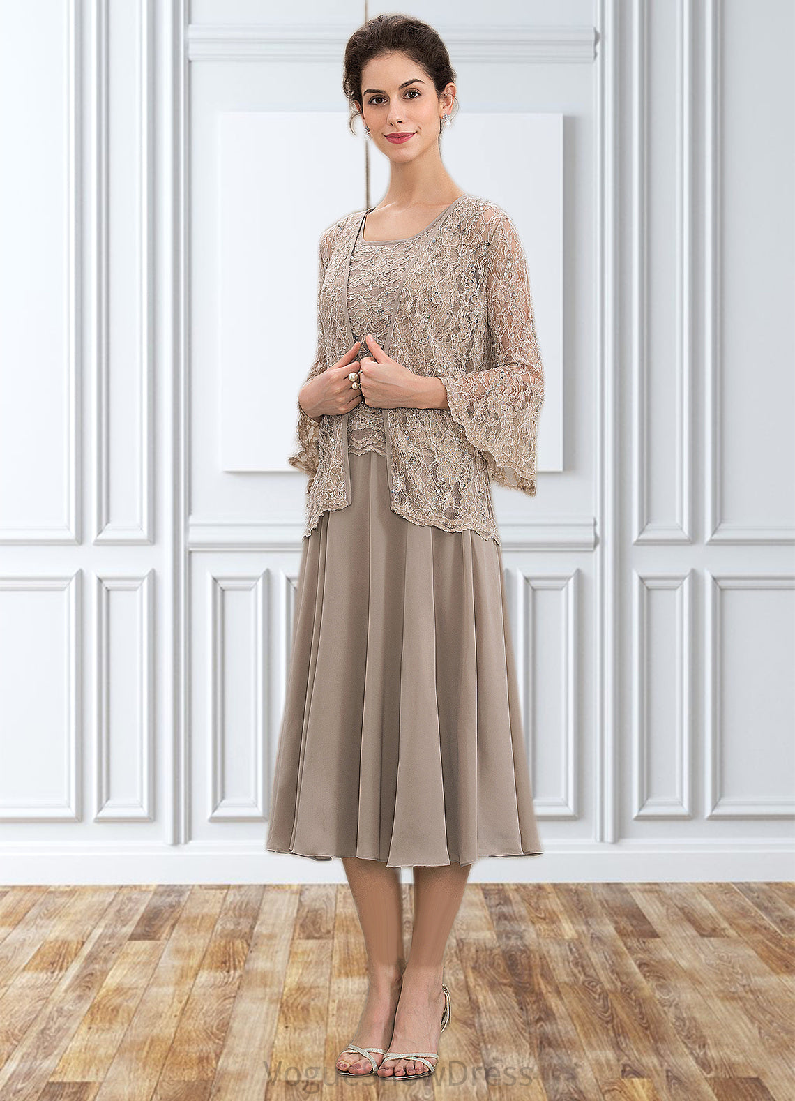 Sandy A-Line Scoop Neck Tea-Length Chiffon Lace Mother of the Bride Dress With Sequins DL126P0014816