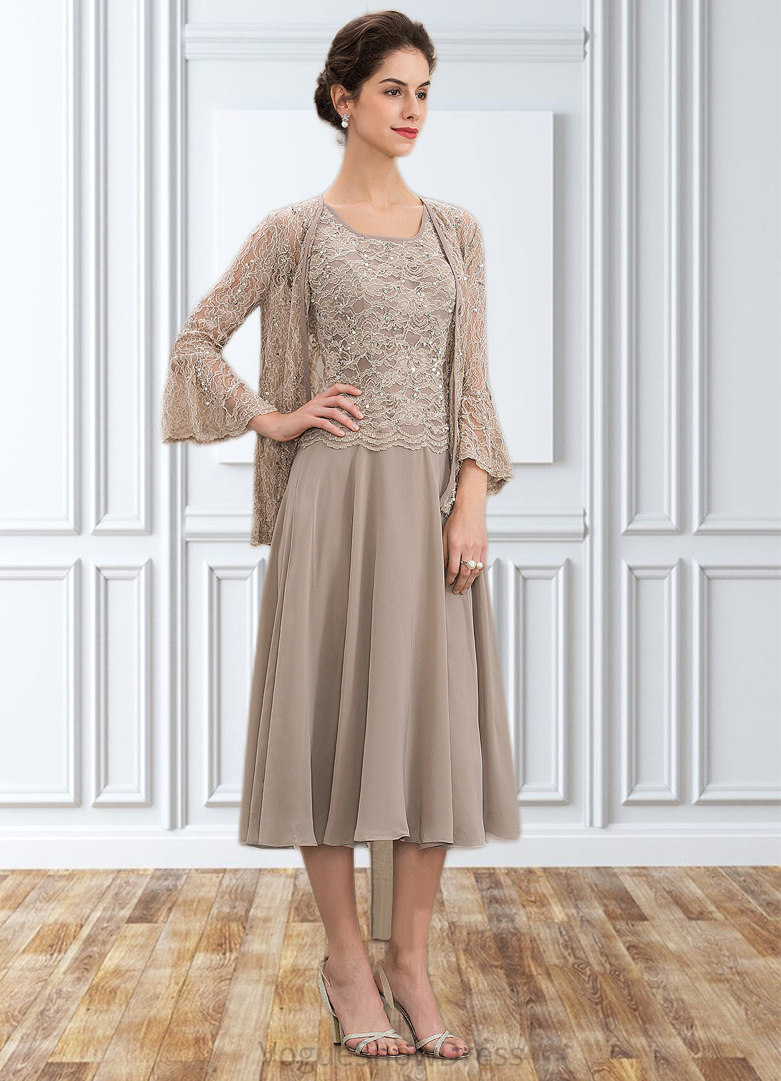 Sandy A-Line Scoop Neck Tea-Length Chiffon Lace Mother of the Bride Dress With Sequins DL126P0014816