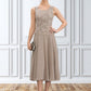 Sandy A-Line Scoop Neck Tea-Length Chiffon Lace Mother of the Bride Dress With Sequins DL126P0014816