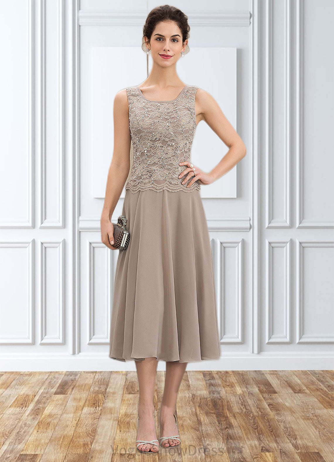 Sandy A-Line Scoop Neck Tea-Length Chiffon Lace Mother of the Bride Dress With Sequins DL126P0014816