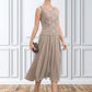 Sandy A-Line Scoop Neck Tea-Length Chiffon Lace Mother of the Bride Dress With Sequins DL126P0014816