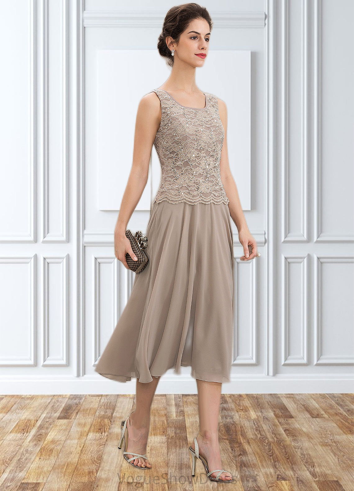 Sandy A-Line Scoop Neck Tea-Length Chiffon Lace Mother of the Bride Dress With Sequins DL126P0014816