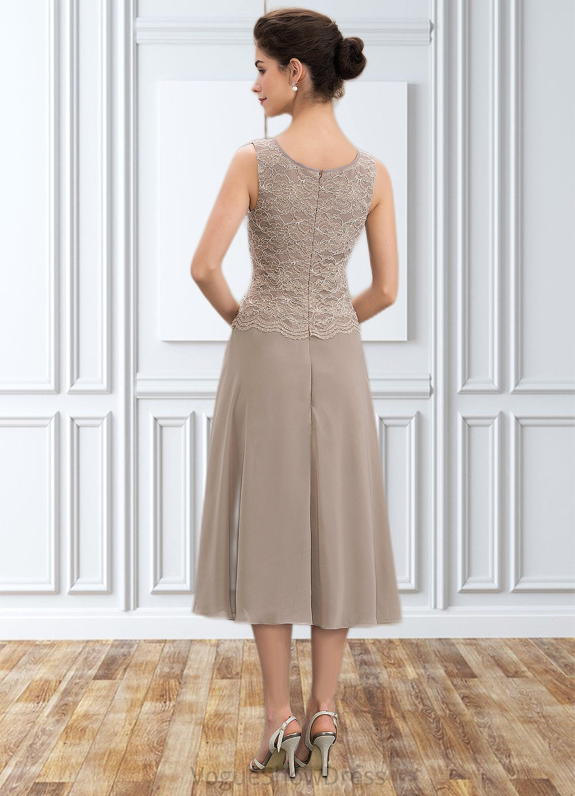 Sandy A-Line Scoop Neck Tea-Length Chiffon Lace Mother of the Bride Dress With Sequins DL126P0014816