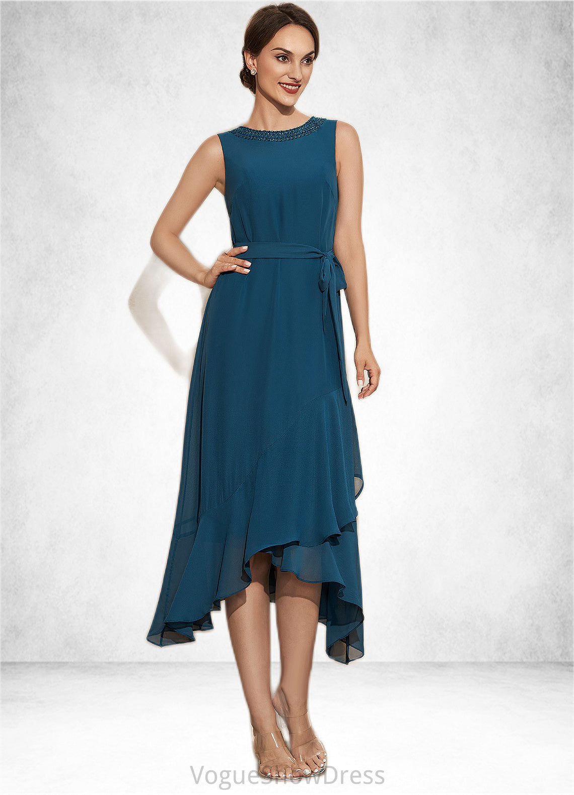 Chaya A-Line Scoop Neck Asymmetrical Chiffon Mother of the Bride Dress With Beading Cascading Ruffles DL126P0014817