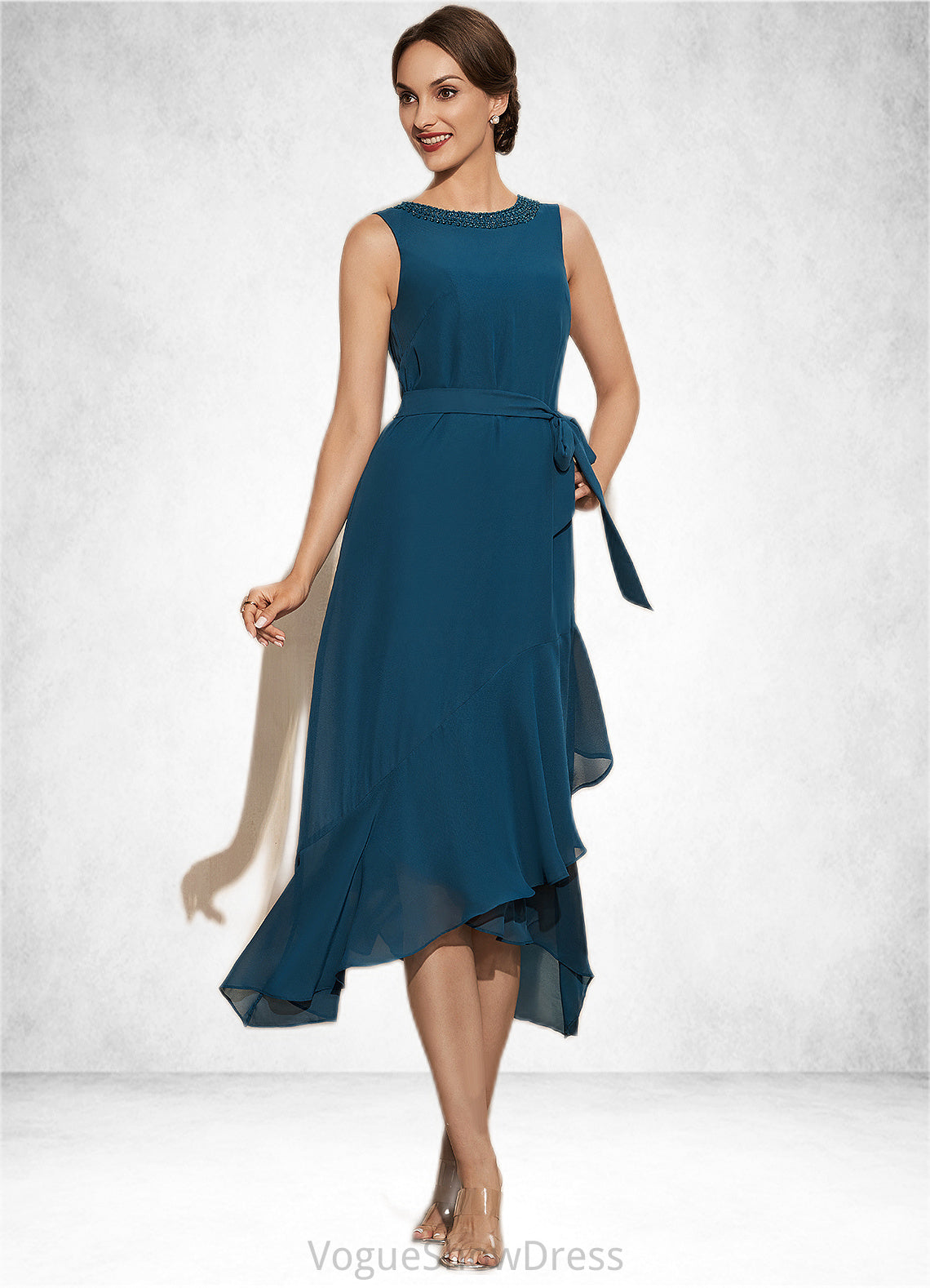 Chaya A-Line Scoop Neck Asymmetrical Chiffon Mother of the Bride Dress With Beading Cascading Ruffles DL126P0014817