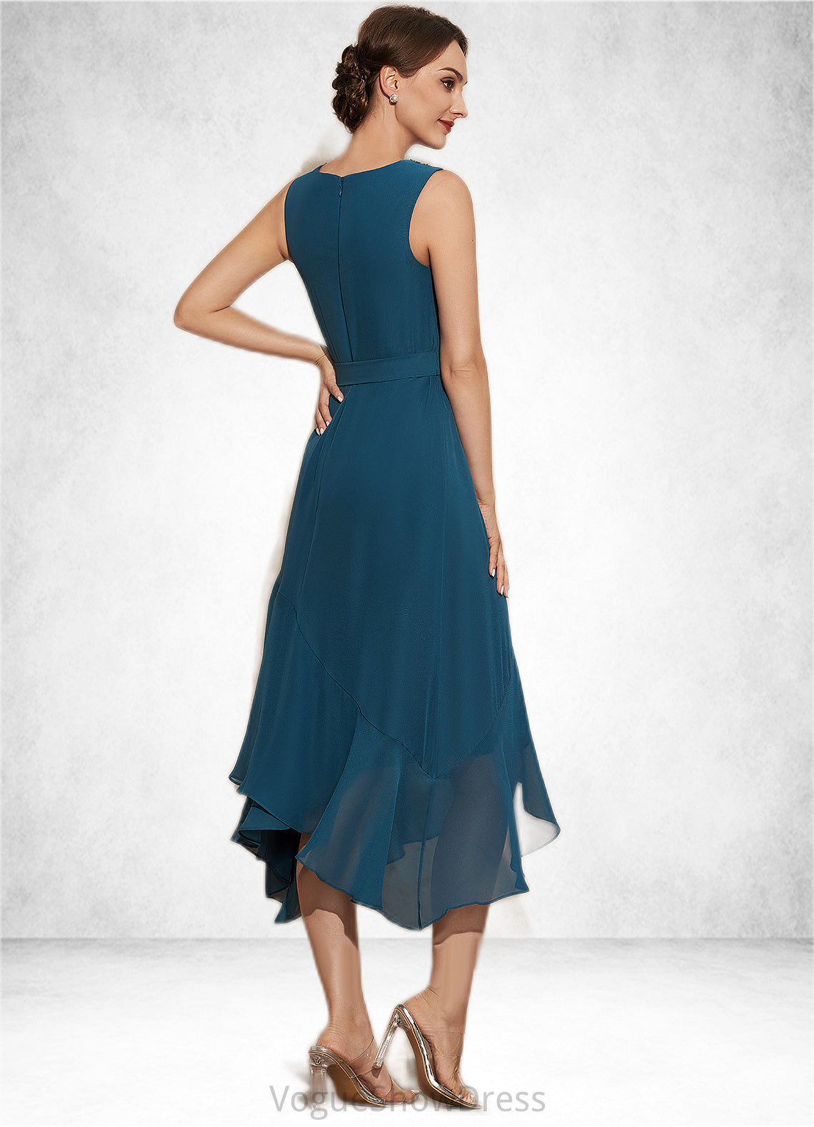 Chaya A-Line Scoop Neck Asymmetrical Chiffon Mother of the Bride Dress With Beading Cascading Ruffles DL126P0014817