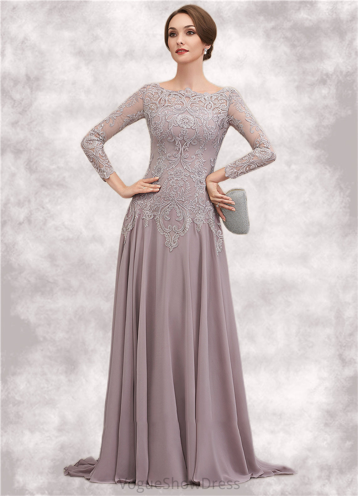 Isis A-Line Scoop Neck Sweep Train Chiffon Lace Mother of the Bride Dress With Sequins DL126P0014819