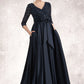 Leia A-Line V-neck Floor-Length Satin Lace Mother of the Bride Dress With Sequins Bow(s) Pockets DL126P0014820