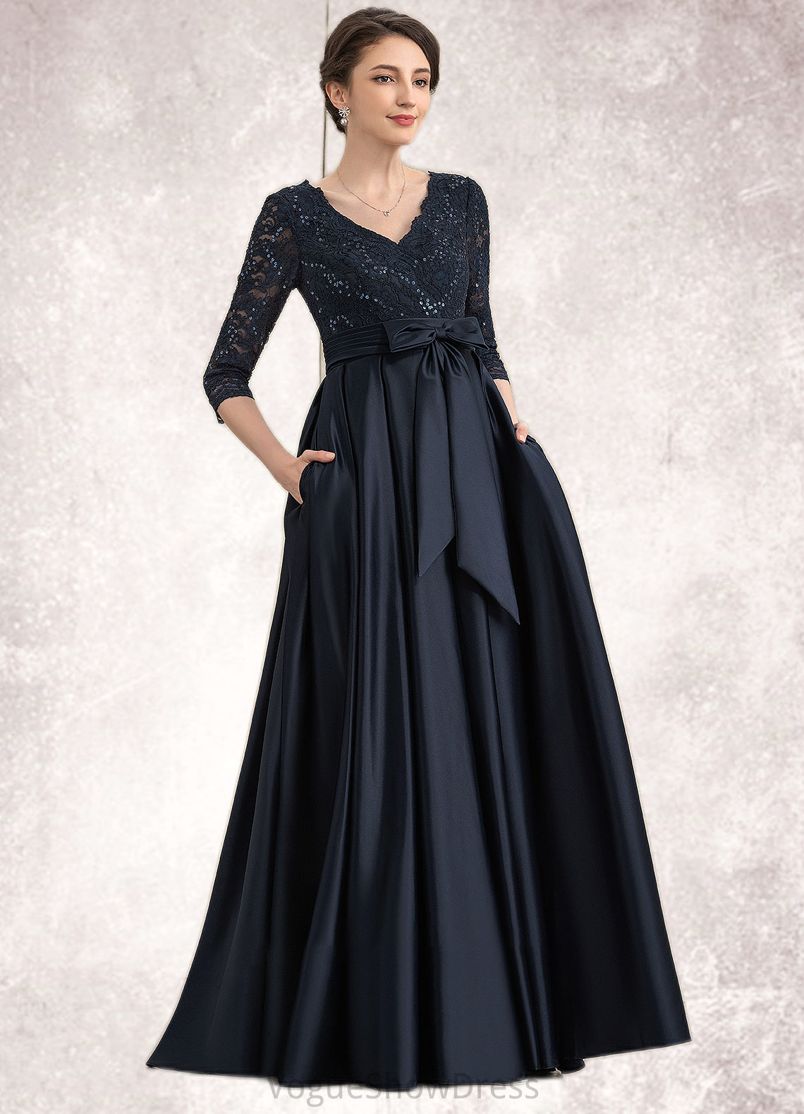 Leia A-Line V-neck Floor-Length Satin Lace Mother of the Bride Dress With Sequins Bow(s) Pockets DL126P0014820