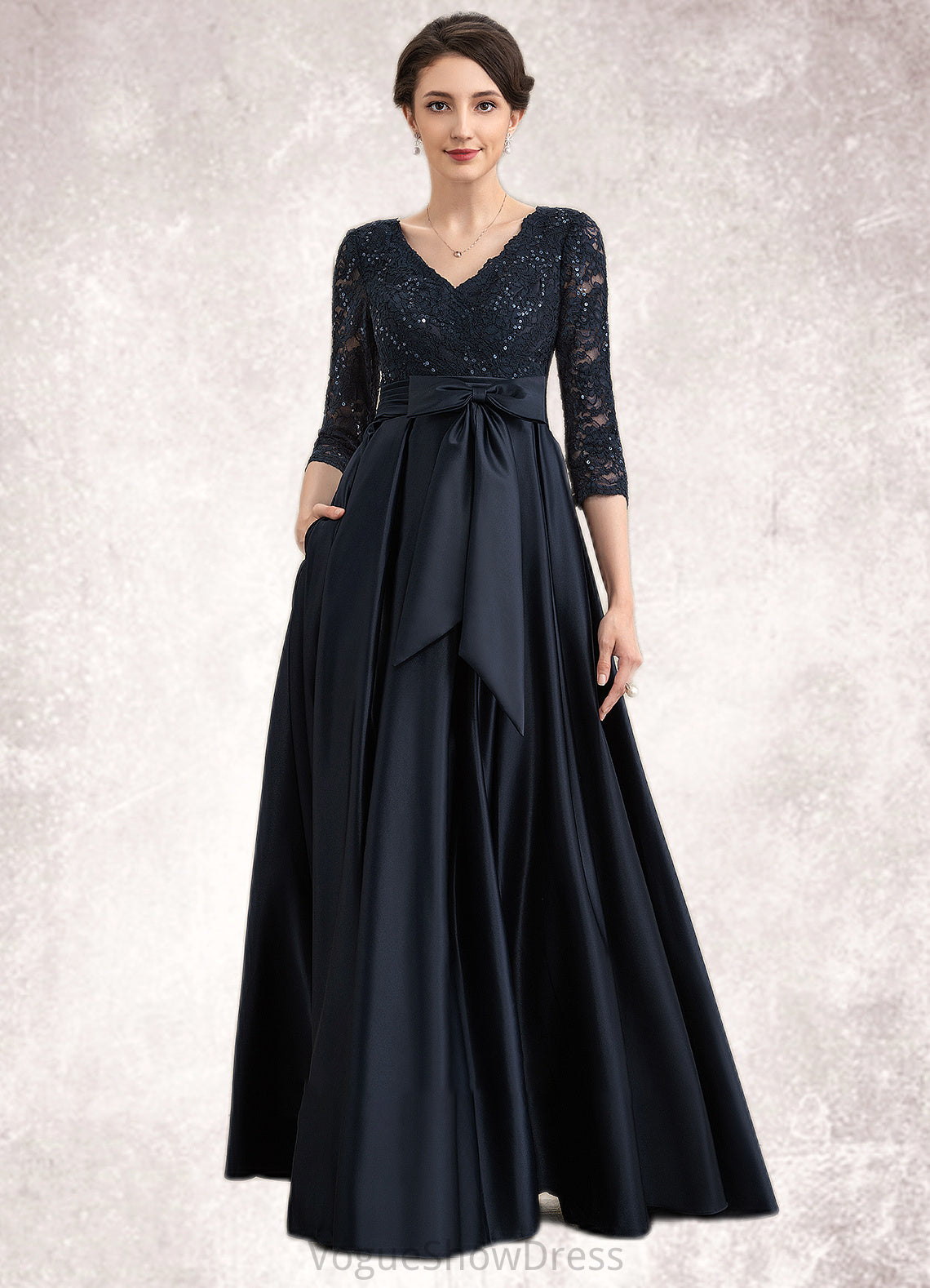 Leia A-Line V-neck Floor-Length Satin Lace Mother of the Bride Dress With Sequins Bow(s) Pockets DL126P0014820