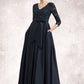 Leia A-Line V-neck Floor-Length Satin Lace Mother of the Bride Dress With Sequins Bow(s) Pockets DL126P0014820