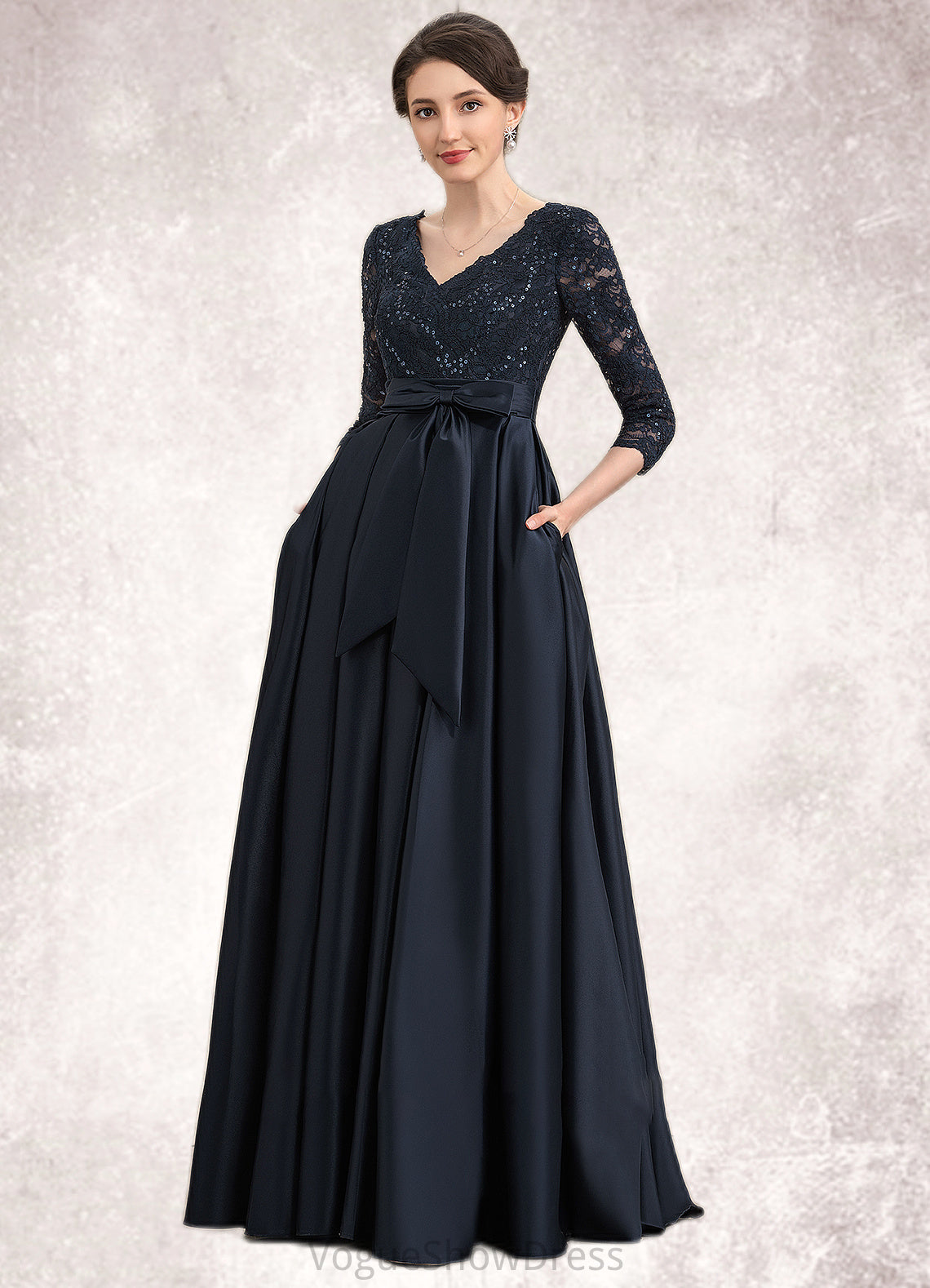 Leia A-Line V-neck Floor-Length Satin Lace Mother of the Bride Dress With Sequins Bow(s) Pockets DL126P0014820