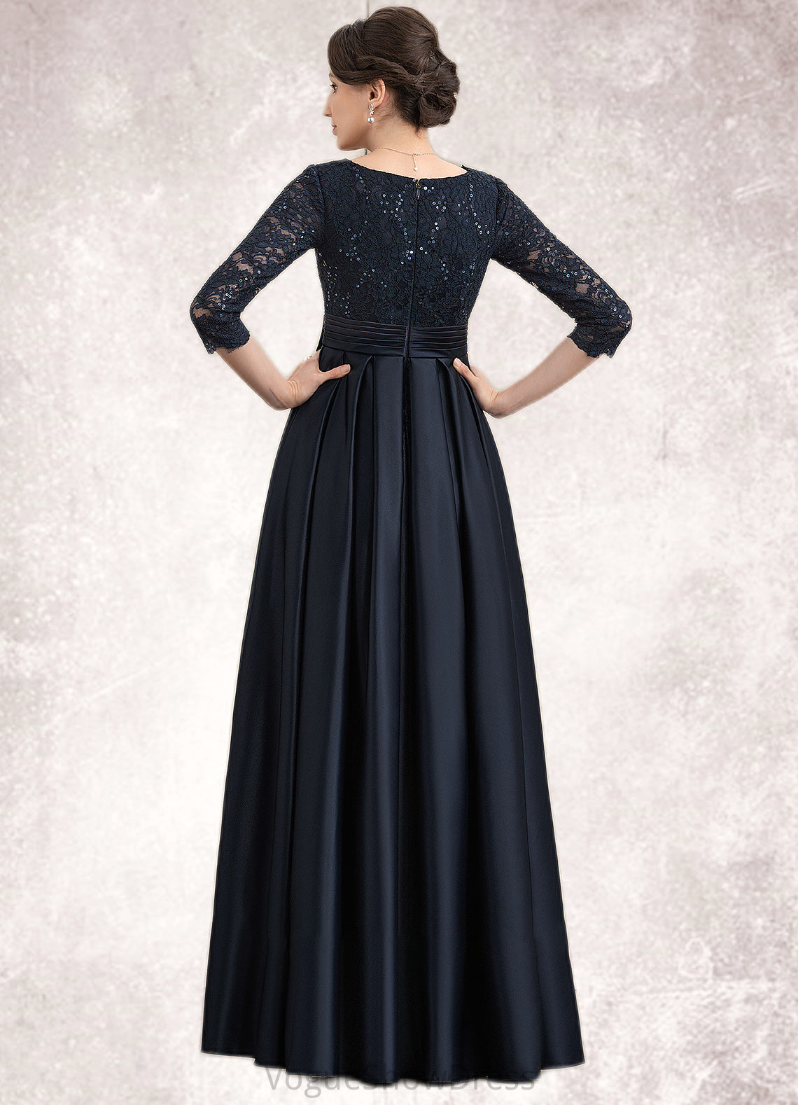 Leia A-Line V-neck Floor-Length Satin Lace Mother of the Bride Dress With Sequins Bow(s) Pockets DL126P0014820