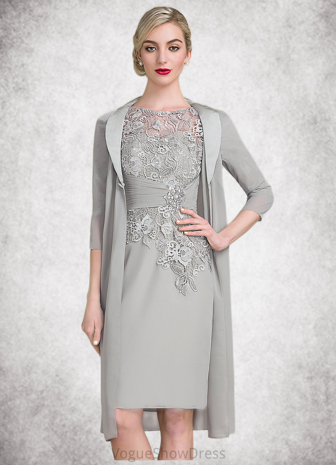 Eloise Sheath/Column Scoop Neck Knee-Length Chiffon Lace Mother of the Bride Dress With Ruffle Beading DL126P0014821