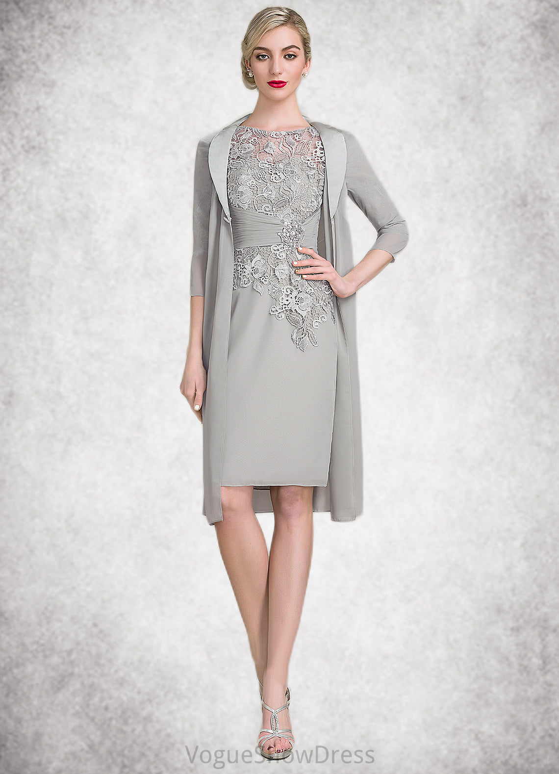 Eloise Sheath/Column Scoop Neck Knee-Length Chiffon Lace Mother of the Bride Dress With Ruffle Beading DL126P0014821