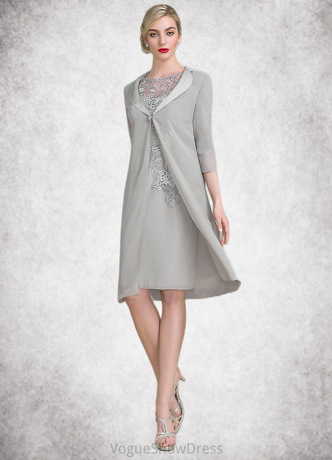 Eloise Sheath/Column Scoop Neck Knee-Length Chiffon Lace Mother of the Bride Dress With Ruffle Beading DL126P0014821