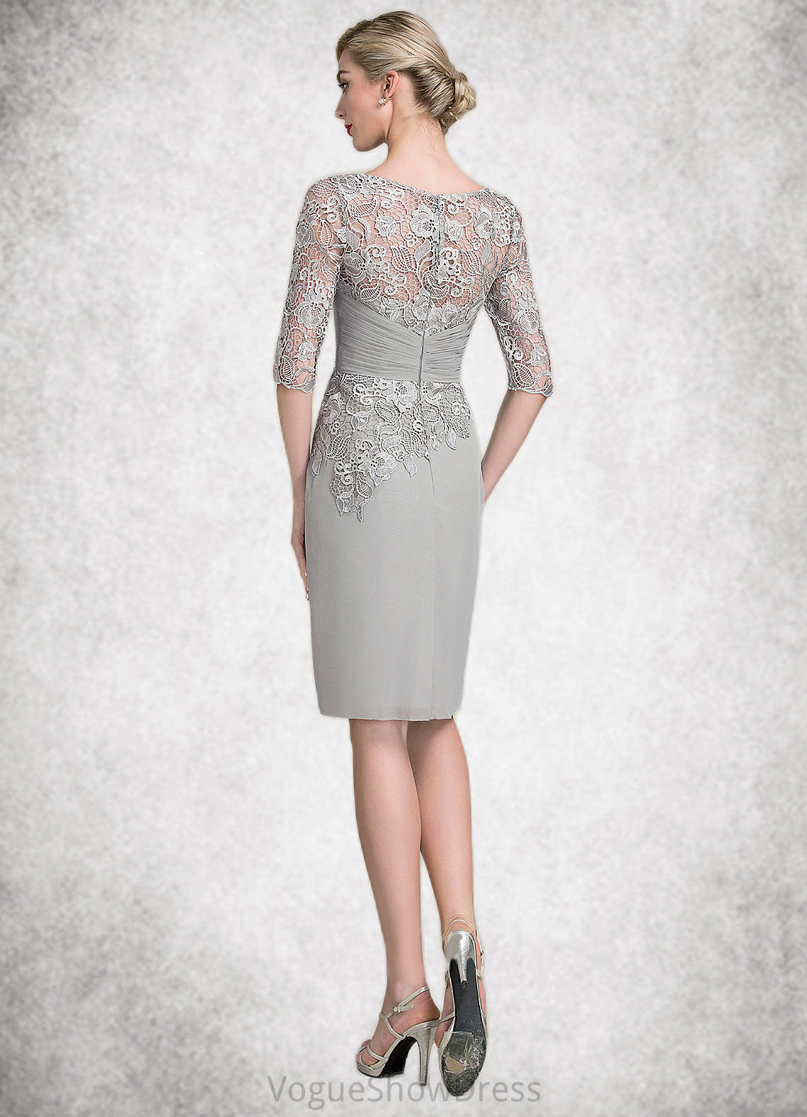 Eloise Sheath/Column Scoop Neck Knee-Length Chiffon Lace Mother of the Bride Dress With Ruffle Beading DL126P0014821