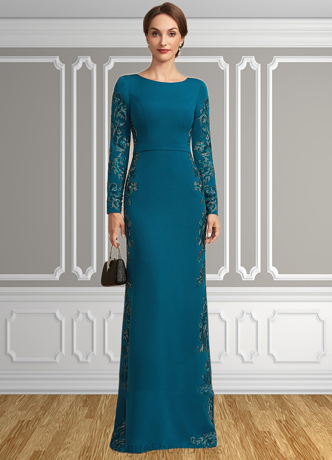 Sophie Sheath/Column Scoop Neck Floor-Length Stretch Crepe Mother of the Bride Dress With Appliques Lace DL126P0014822