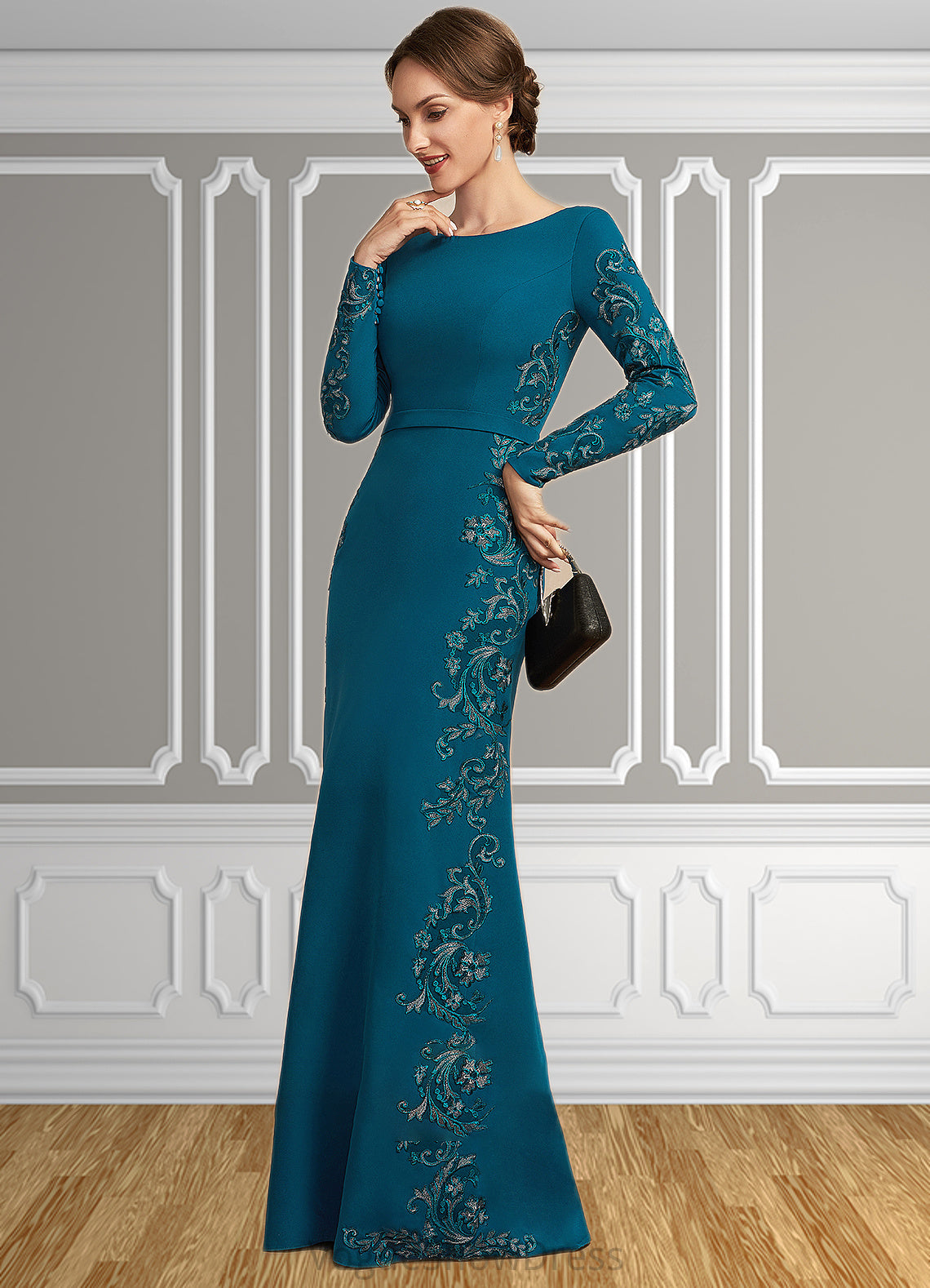 Sophie Sheath/Column Scoop Neck Floor-Length Stretch Crepe Mother of the Bride Dress With Appliques Lace DL126P0014822