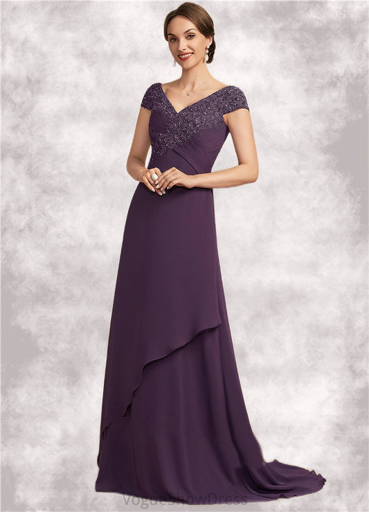 Marina A-Line V-neck Sweep Train Chiffon Lace Mother of the Bride Dress With Ruffle Beading DL126P0014824