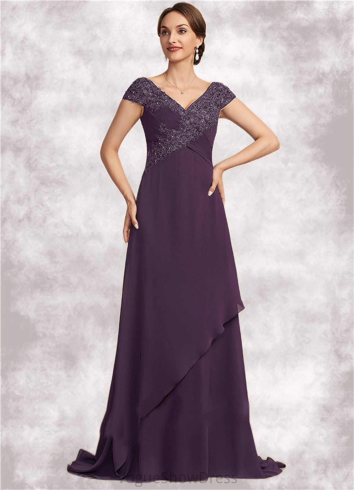 Marina A-Line V-neck Sweep Train Chiffon Lace Mother of the Bride Dress With Ruffle Beading DL126P0014824