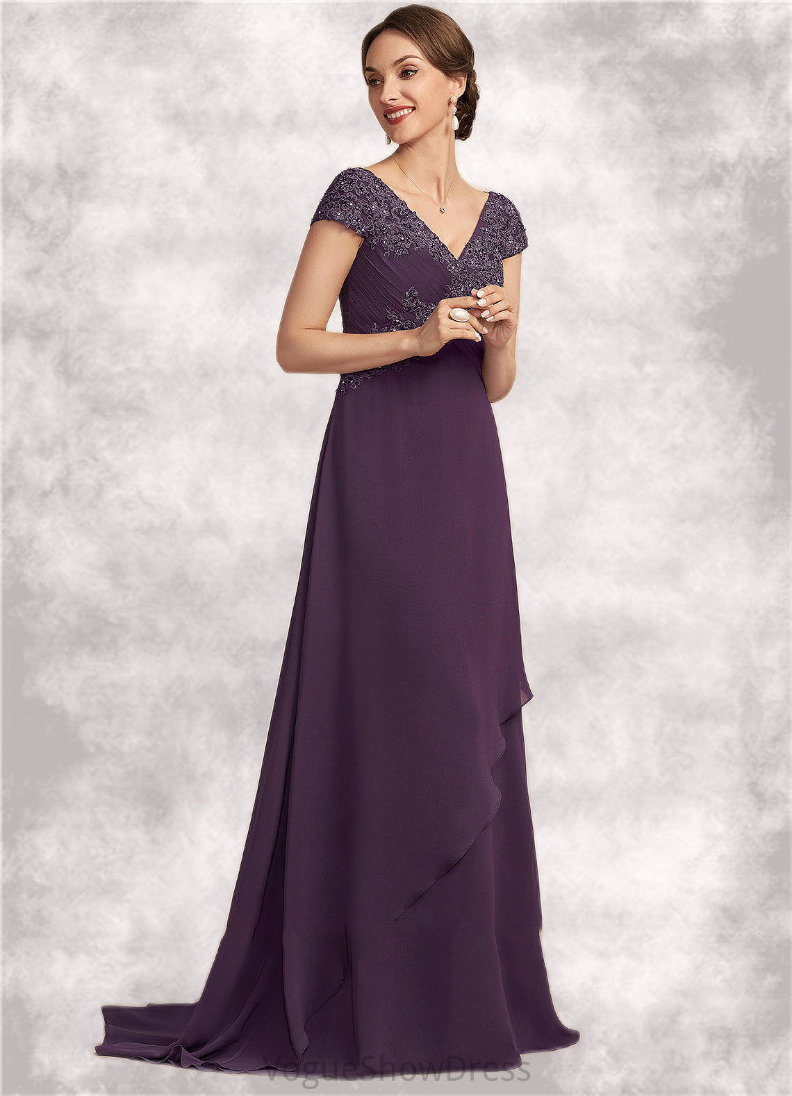 Marina A-Line V-neck Sweep Train Chiffon Lace Mother of the Bride Dress With Ruffle Beading DL126P0014824