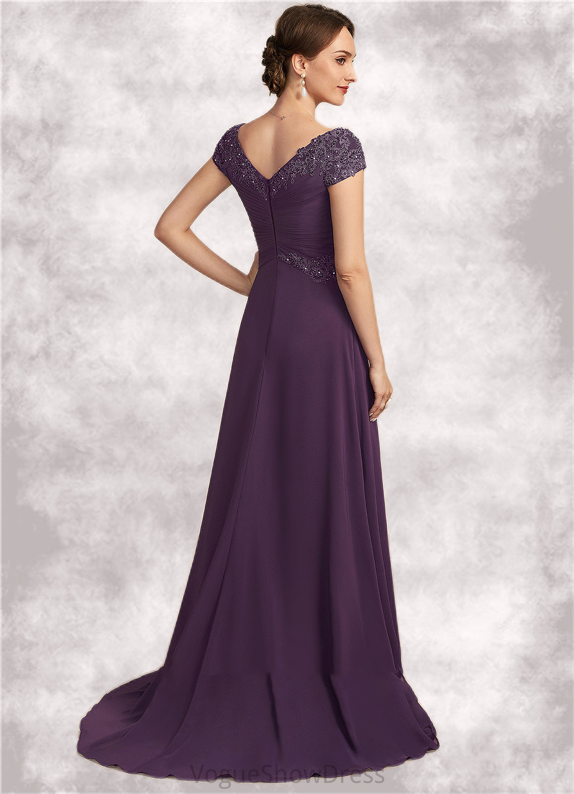 Marina A-Line V-neck Sweep Train Chiffon Lace Mother of the Bride Dress With Ruffle Beading DL126P0014824