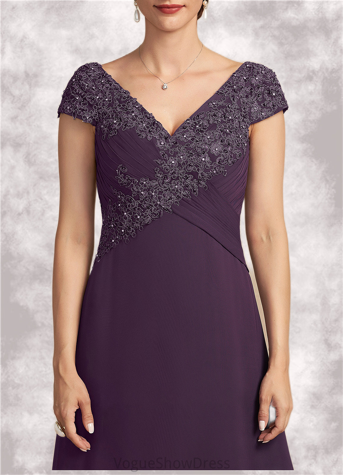 Marina A-Line V-neck Sweep Train Chiffon Lace Mother of the Bride Dress With Ruffle Beading DL126P0014824