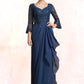 Laylah A-Line V-neck Floor-Length Chiffon Lace Mother of the Bride Dress With Sequins Cascading Ruffles DL126P0014825