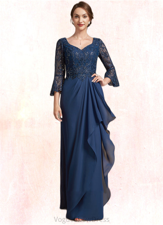 Laylah A-Line V-neck Floor-Length Chiffon Lace Mother of the Bride Dress With Sequins Cascading Ruffles DL126P0014825