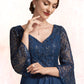 Laylah A-Line V-neck Floor-Length Chiffon Lace Mother of the Bride Dress With Sequins Cascading Ruffles DL126P0014825