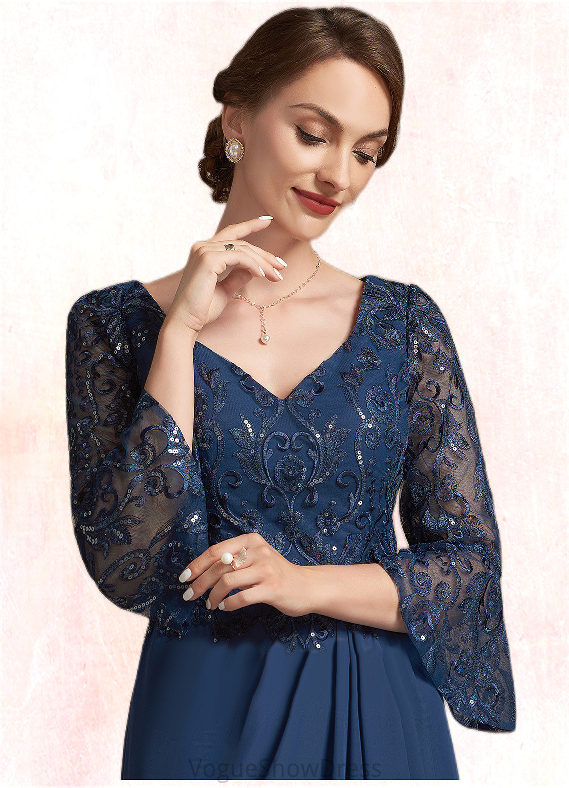 Laylah A-Line V-neck Floor-Length Chiffon Lace Mother of the Bride Dress With Sequins Cascading Ruffles DL126P0014825