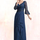 Laylah A-Line V-neck Floor-Length Chiffon Lace Mother of the Bride Dress With Sequins Cascading Ruffles DL126P0014825