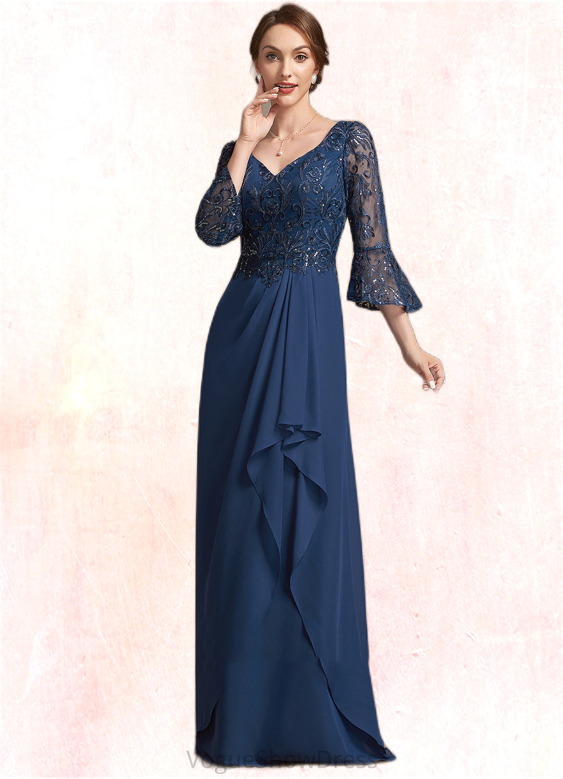 Laylah A-Line V-neck Floor-Length Chiffon Lace Mother of the Bride Dress With Sequins Cascading Ruffles DL126P0014825