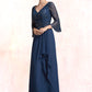 Laylah A-Line V-neck Floor-Length Chiffon Lace Mother of the Bride Dress With Sequins Cascading Ruffles DL126P0014825