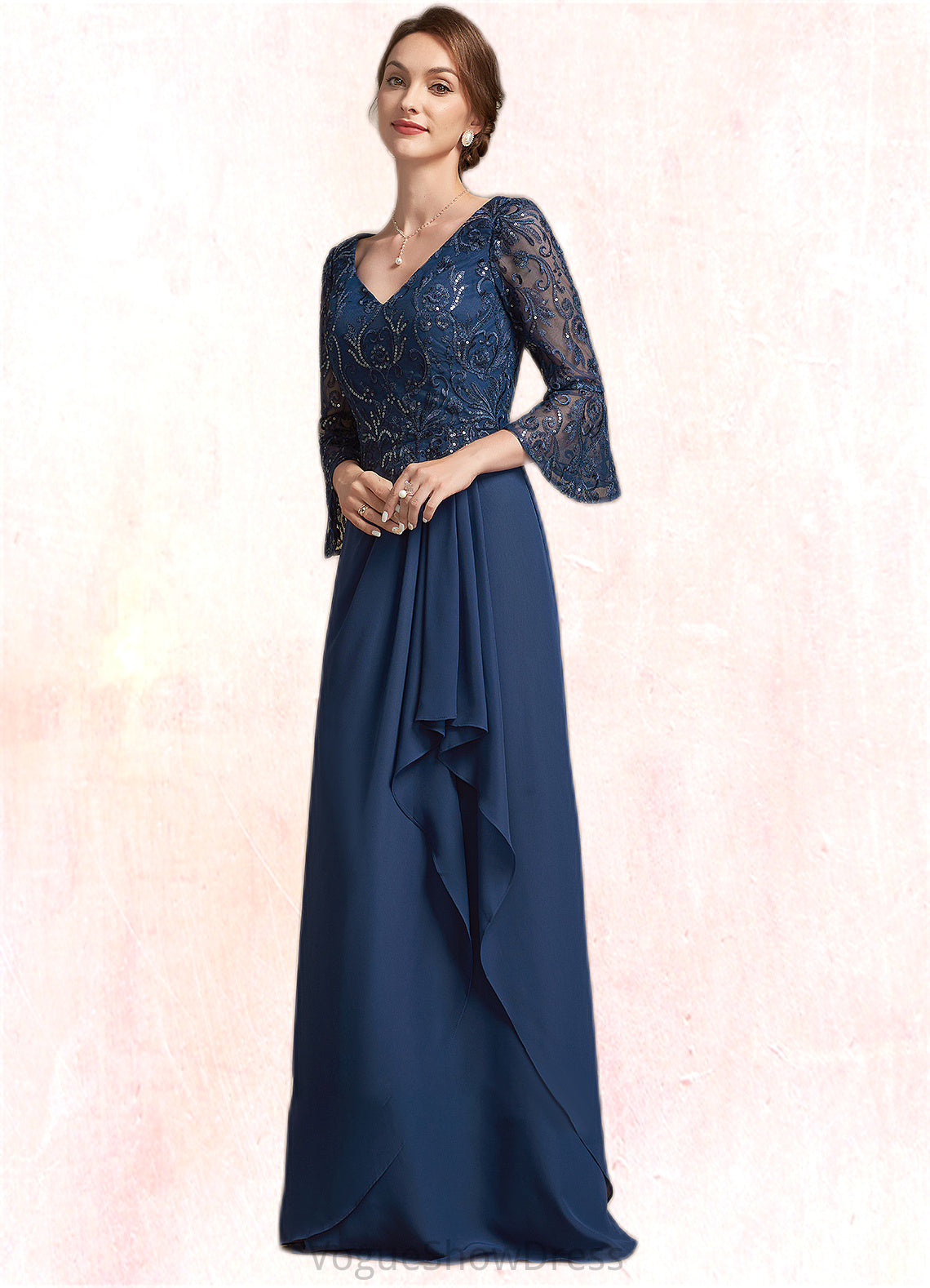 Laylah A-Line V-neck Floor-Length Chiffon Lace Mother of the Bride Dress With Sequins Cascading Ruffles DL126P0014825