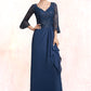 Laylah A-Line V-neck Floor-Length Chiffon Lace Mother of the Bride Dress With Sequins Cascading Ruffles DL126P0014825