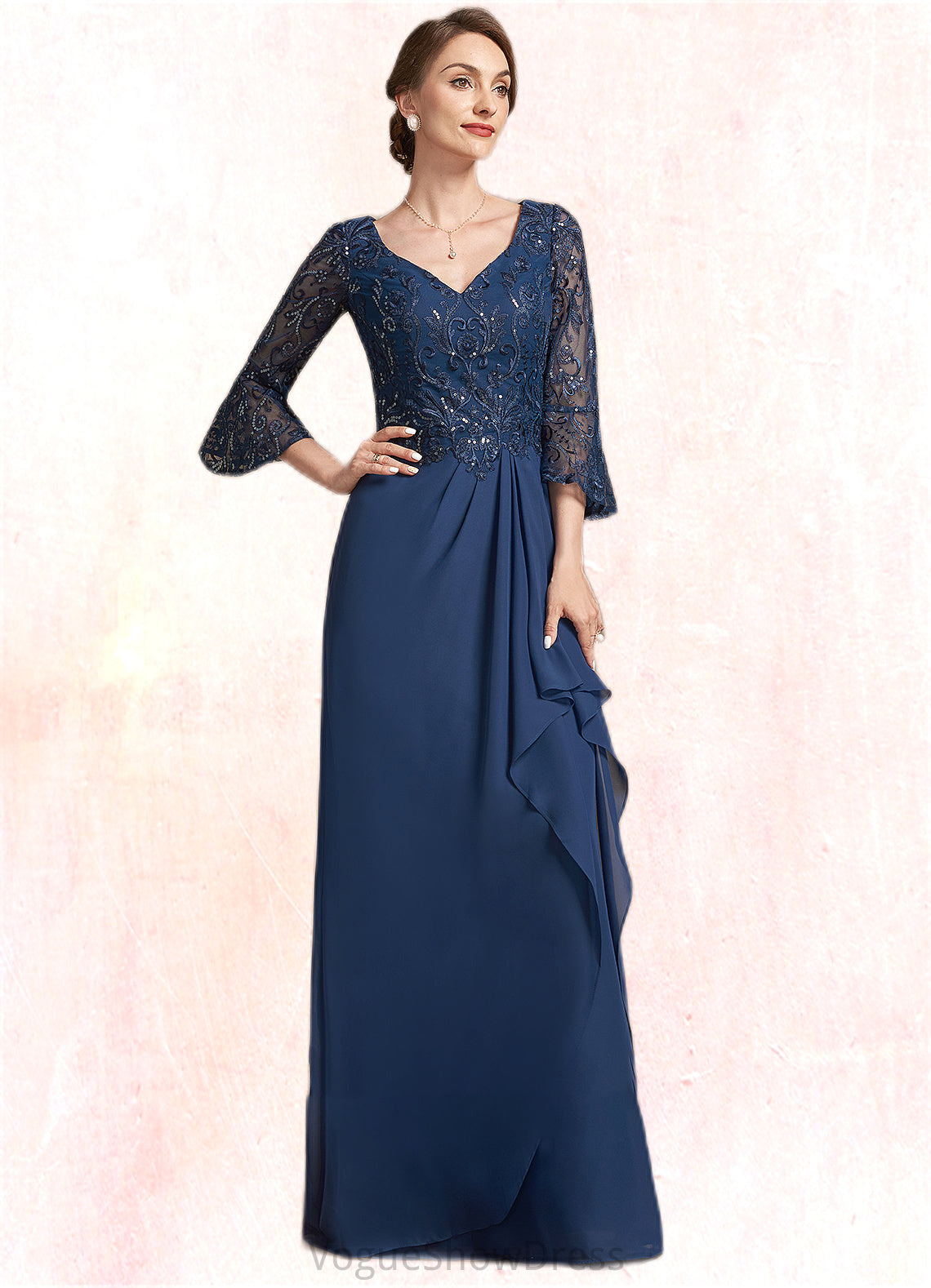 Laylah A-Line V-neck Floor-Length Chiffon Lace Mother of the Bride Dress With Sequins Cascading Ruffles DL126P0014825