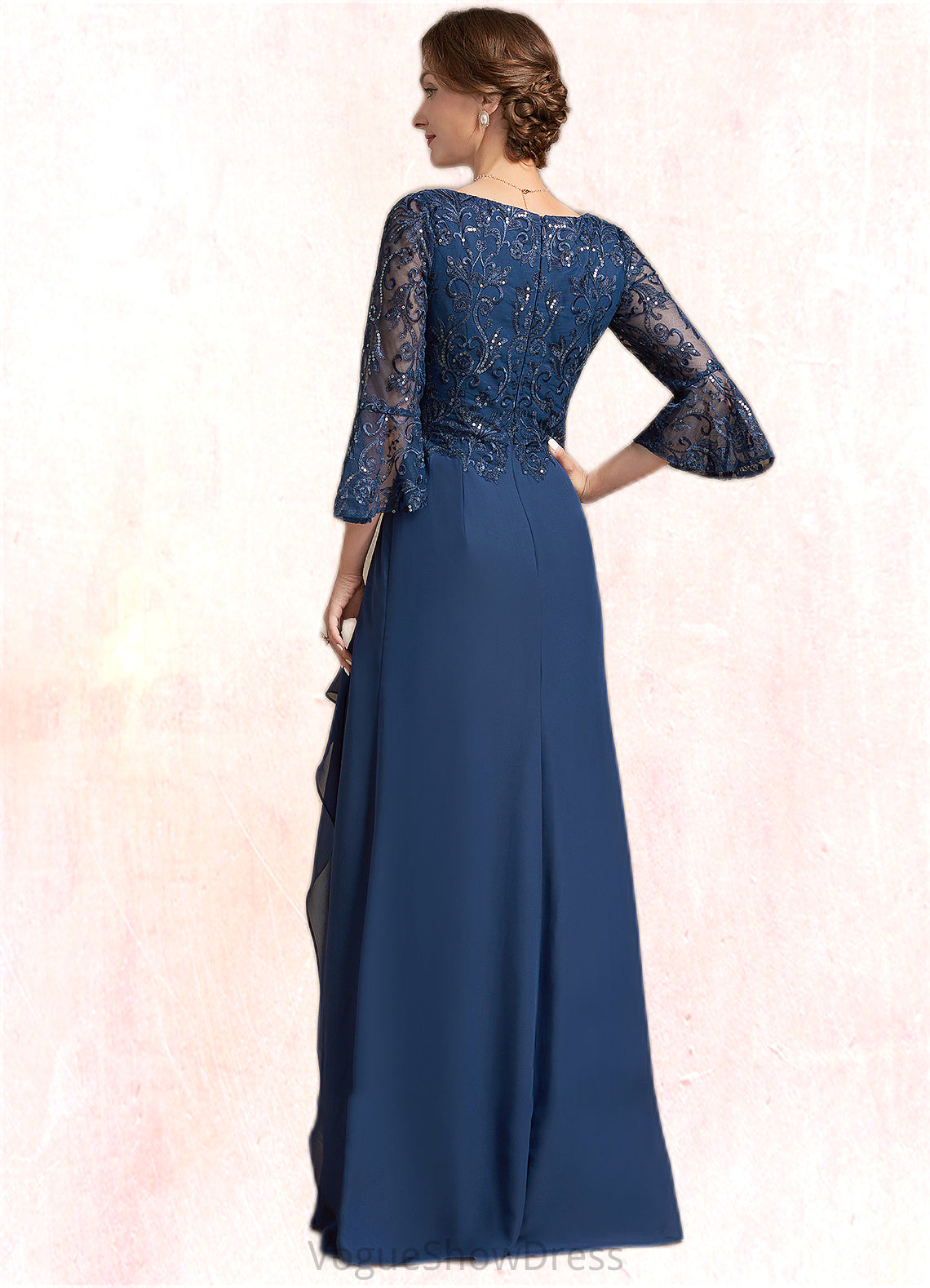 Laylah A-Line V-neck Floor-Length Chiffon Lace Mother of the Bride Dress With Sequins Cascading Ruffles DL126P0014825