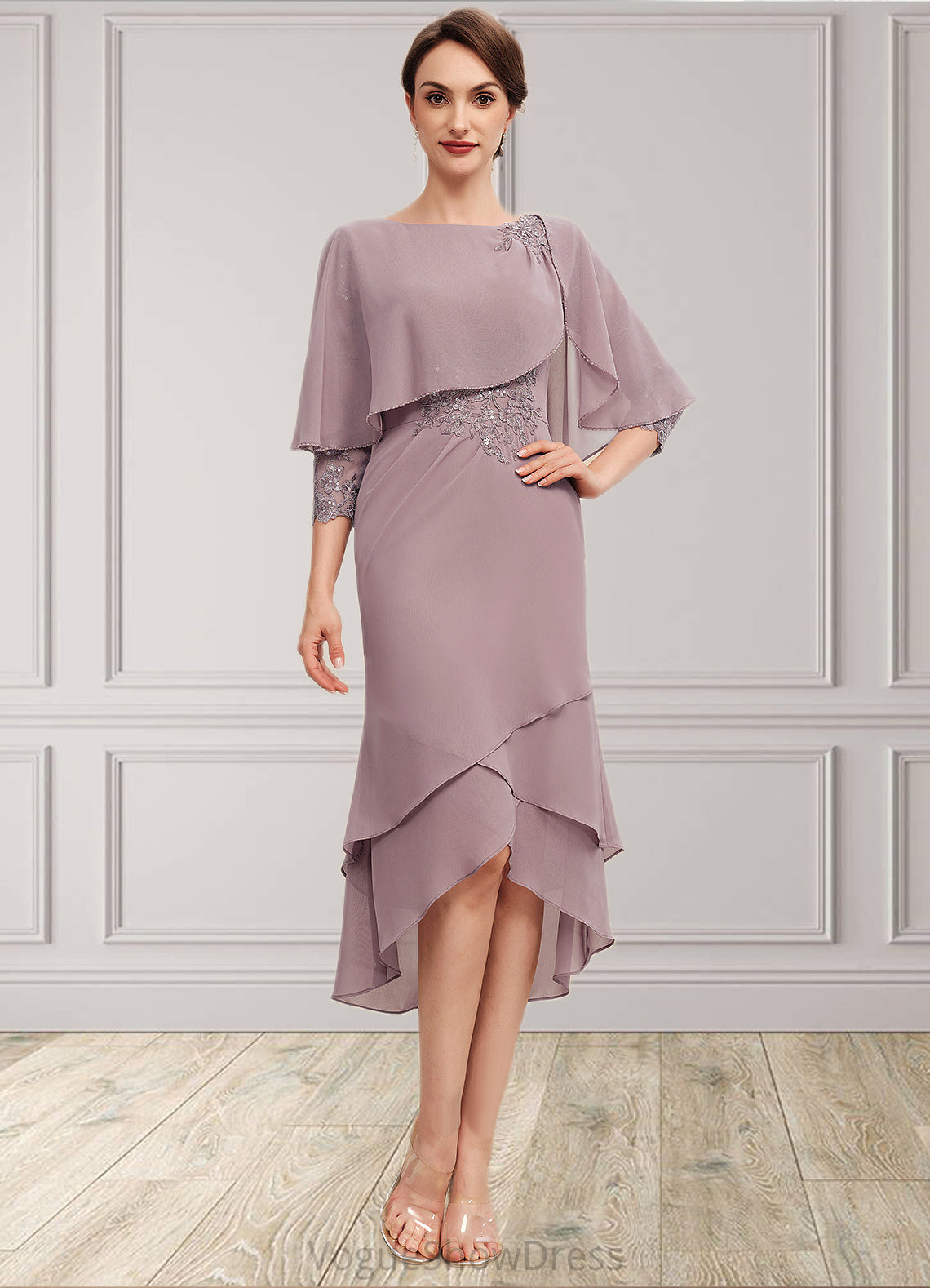 Cora Sheath/Column Scoop Neck Asymmetrical Chiffon Mother of the Bride Dress With Ruffle Lace Sequins DL126P0014826