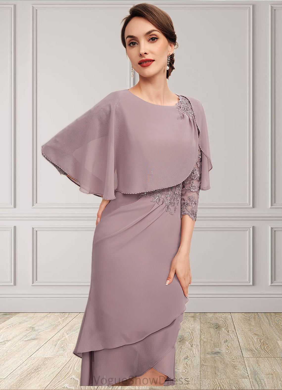 Cora Sheath/Column Scoop Neck Asymmetrical Chiffon Mother of the Bride Dress With Ruffle Lace Sequins DL126P0014826