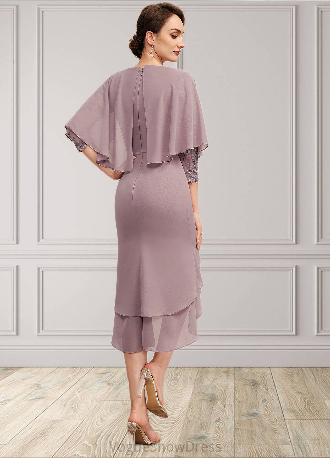 Cora Sheath/Column Scoop Neck Asymmetrical Chiffon Mother of the Bride Dress With Ruffle Lace Sequins DL126P0014826