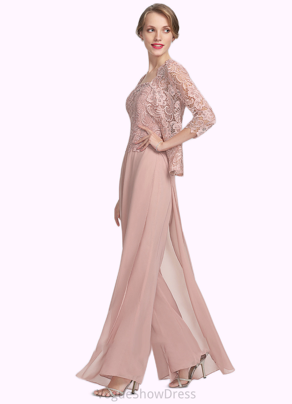 Claire Jumpsuit/Pantsuit Square Neckline Floor-Length Chiffon Lace Mother of the Bride Dress DL126P0014828