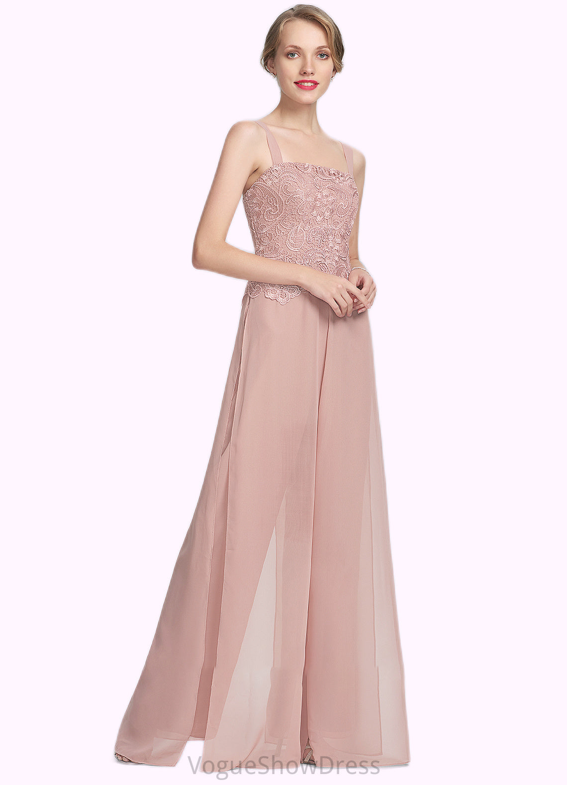 Claire Jumpsuit/Pantsuit Square Neckline Floor-Length Chiffon Lace Mother of the Bride Dress DL126P0014828