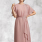 Eva Sheath/Column Scoop Neck Knee-Length Chiffon Mother of the Bride Dress With Appliques Lace DL126P0014829